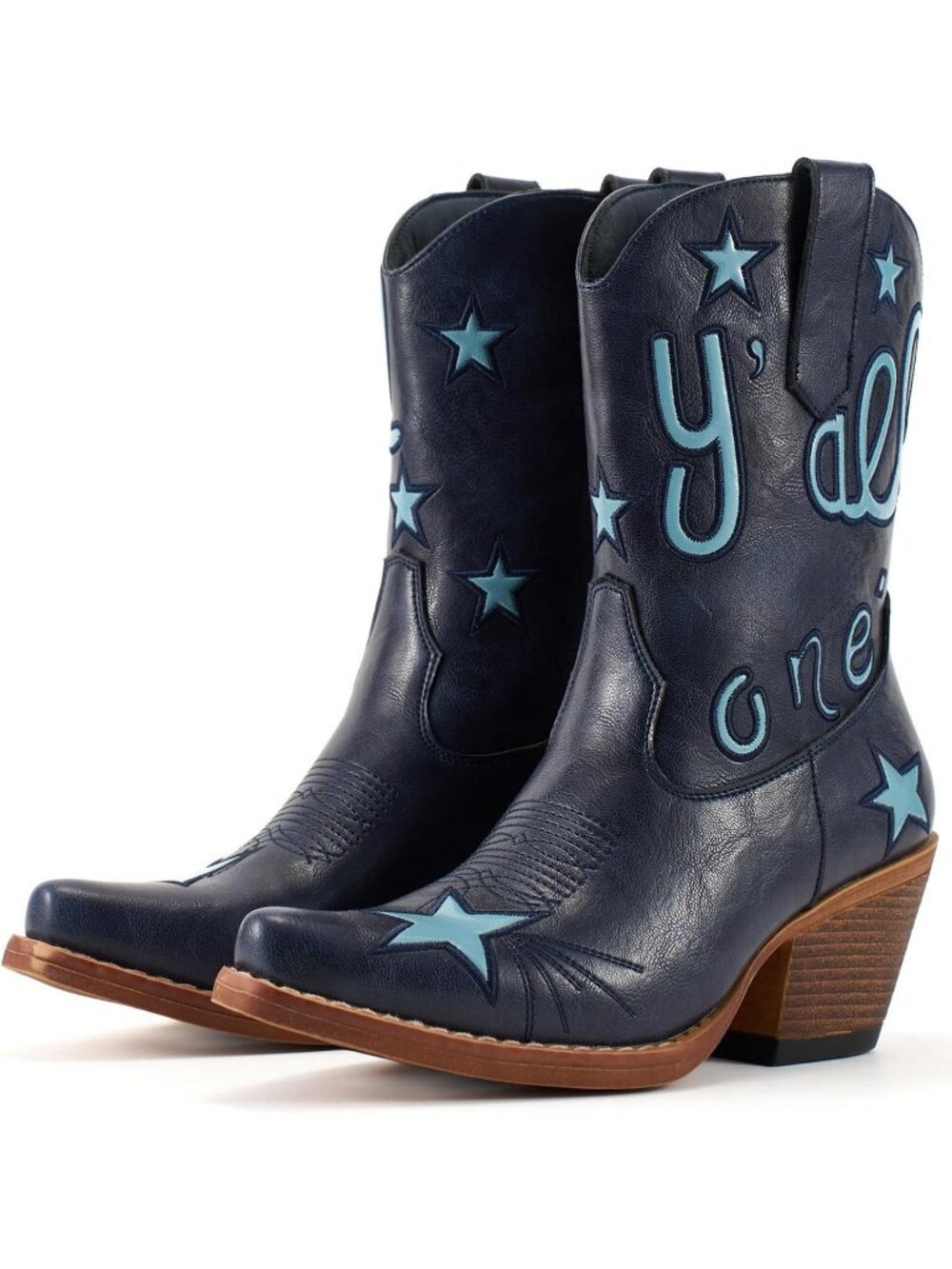 Women's Navy Mid-Calf Cowgirl Ankle Boots Snip Toe Low Chunky Heel Classic